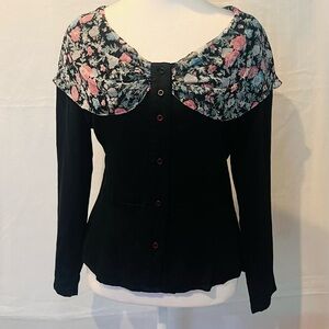 Vintage Paris Blue Button-Down Shirt with Floral Chiffon Collar - Size S…